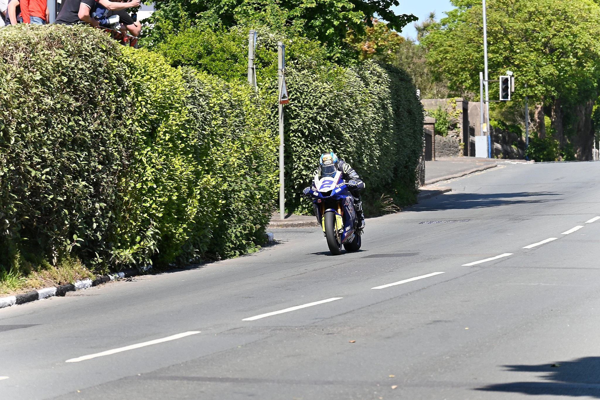 Race Day 1 Begins with the Monster Energy Supersport TT Race 1.  #2 Dean Harrison - 600 Yamaha - Boyce Precision Engineering by Russel Racing takes off down Glencrutchery Road.