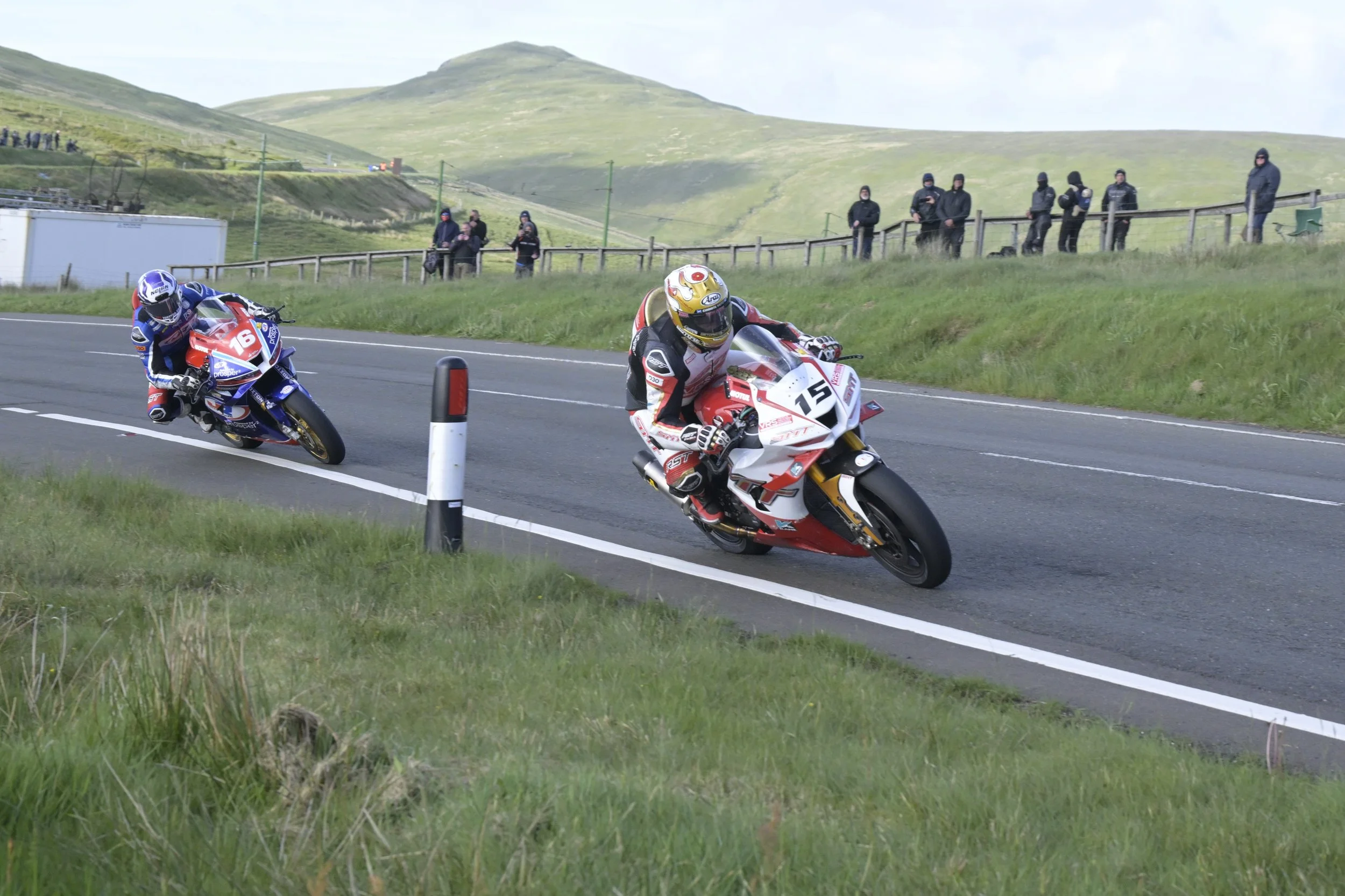 Milwaukee Senior TT. #15 Rod Hodson - Honda CBR1000RR - SMT Racing (in front), #16 Paul Jordan - Honda CBR1000RR - Jackson Racing powered by Prosper2. Photo taken at Bungalow. 