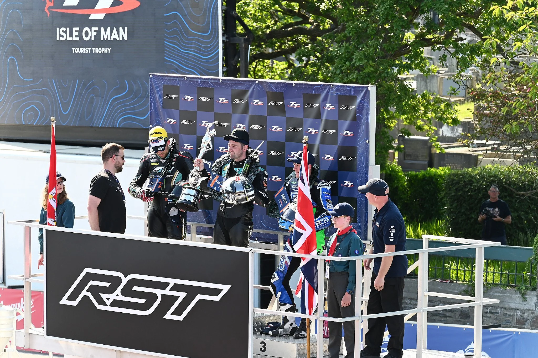 Awarding the trophies. Photo taken from the Grandstands on Glencrutchery Road.