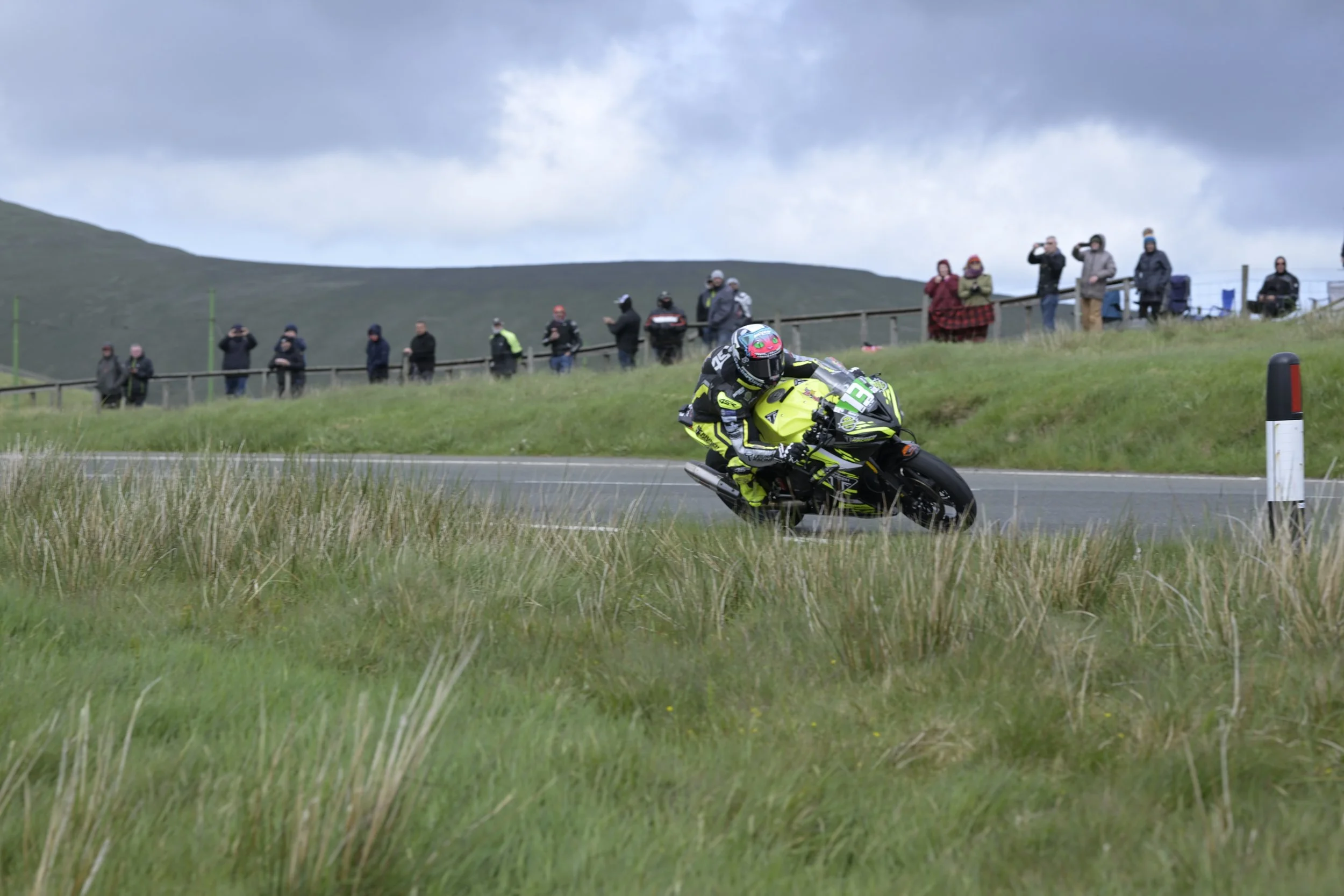 Carol Nash Sportbike TT Race 1. #13 Dominic Herbertson - Triumph Daytona 660 - KTS Macadam Triumph Factory Racing. Photo taken at Bungalow. 