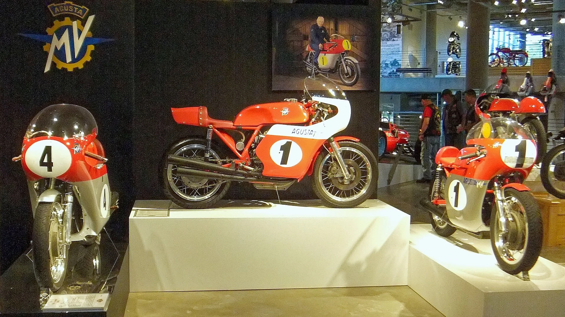 1954 M. V. Agusta 500/4 (L), 1972 M. V. Agusta 750 Daytona (C), 1967 M. V. Agusta 500/3 (R). 