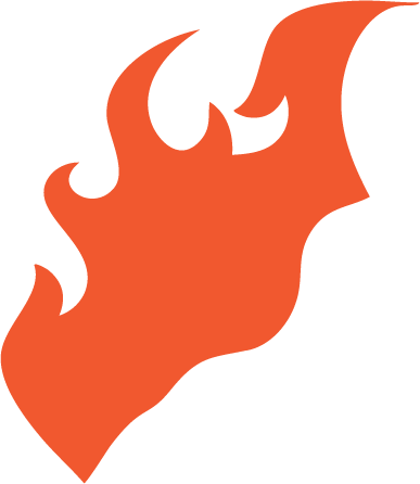 A stylized graphic of an orange flame with black background.