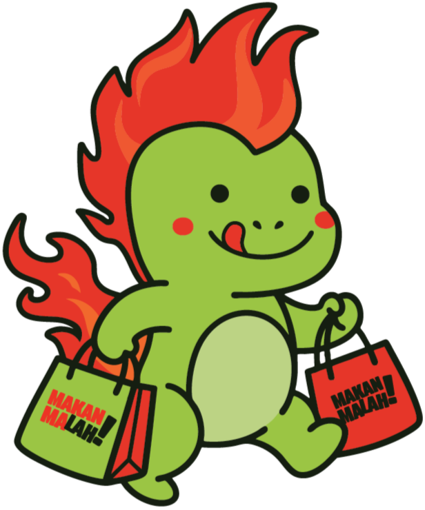 Cute cartoon dinosaur with red flames on its back, holding shopping bags with Indonesian text, smiling with tongue out.