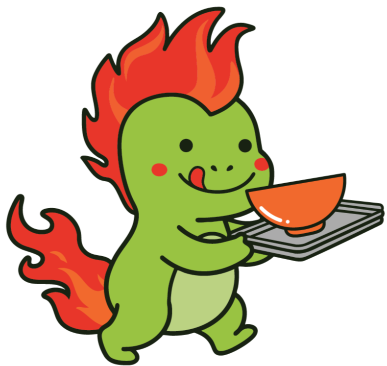 A cute cartoon dinosaur with red flames on its head and tail, holding a tray with a bowl, smiling.