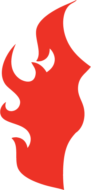 A red flame logo with black background.