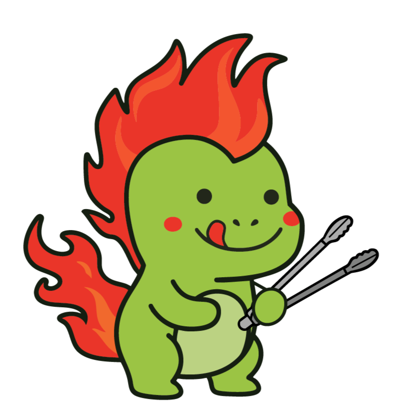 A cute cartoon green dinosaur with red flames on its back holding two barbecue skewers.