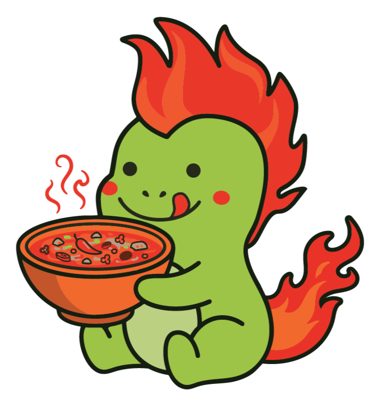 Cute cartoon dinosaur with red flames on its head and tail, holding and eating a bowl of hot soup with steam.