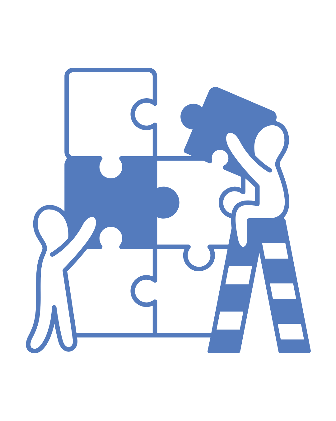 Illustration of people assembling interconnected pieces, representing the design of work across people and technology.
