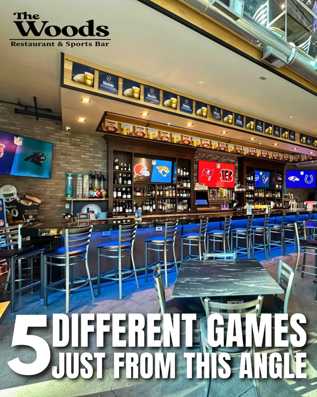 Five games from one angle&hellip; and this isn&rsquo;t even all of the TVs you can see from this seat! 

Now for the important part: 100 oz. Beer Towers for $36🍻 Save $12 on every tower with your choice of Woods Mexican Lager (house brew), Modelo, P