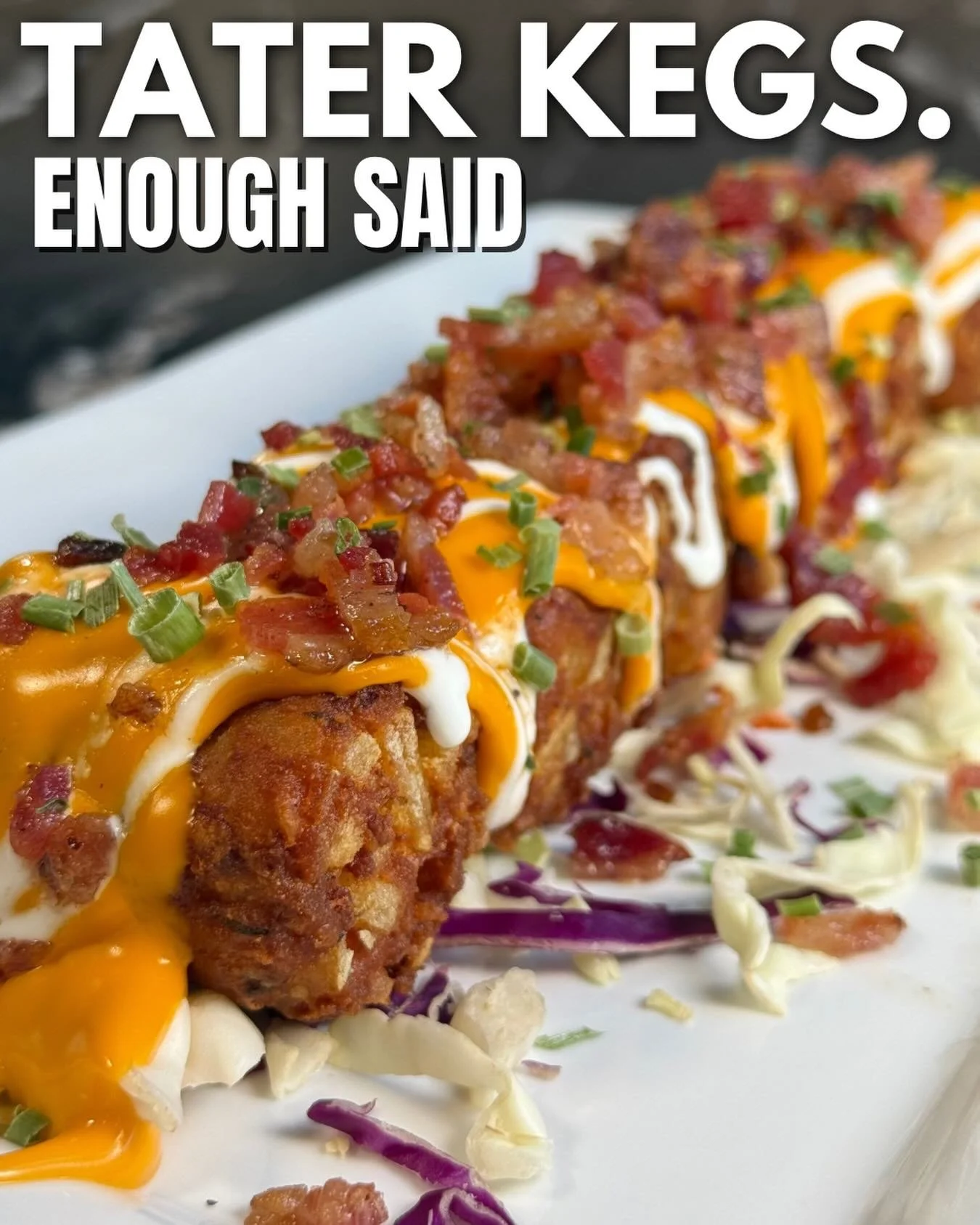 Six JUMBO tater tots served with cheddar and bacon, topped with green onions, sour cream, and our house brewery cheese sauce! 

Basically everything you want on a loaded baked potato &mdash; just in tater tot form&hellip; so even better! 

📍The Wood