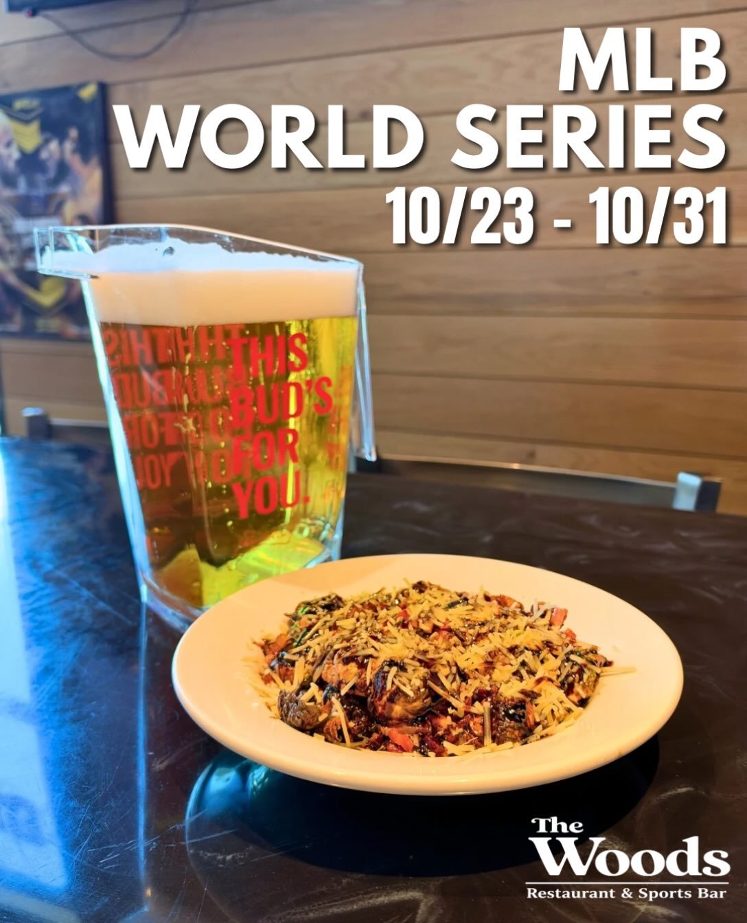 The @mlb World Series starts today at 5:00pm⚾️

Catch every game here at The Woods with plenty of draft beer to choose from, available by the pint, pitcher, or 100oz tower! 

Plus our daily Happy Hour menu from 3-6 featuring our new and amazing bacon