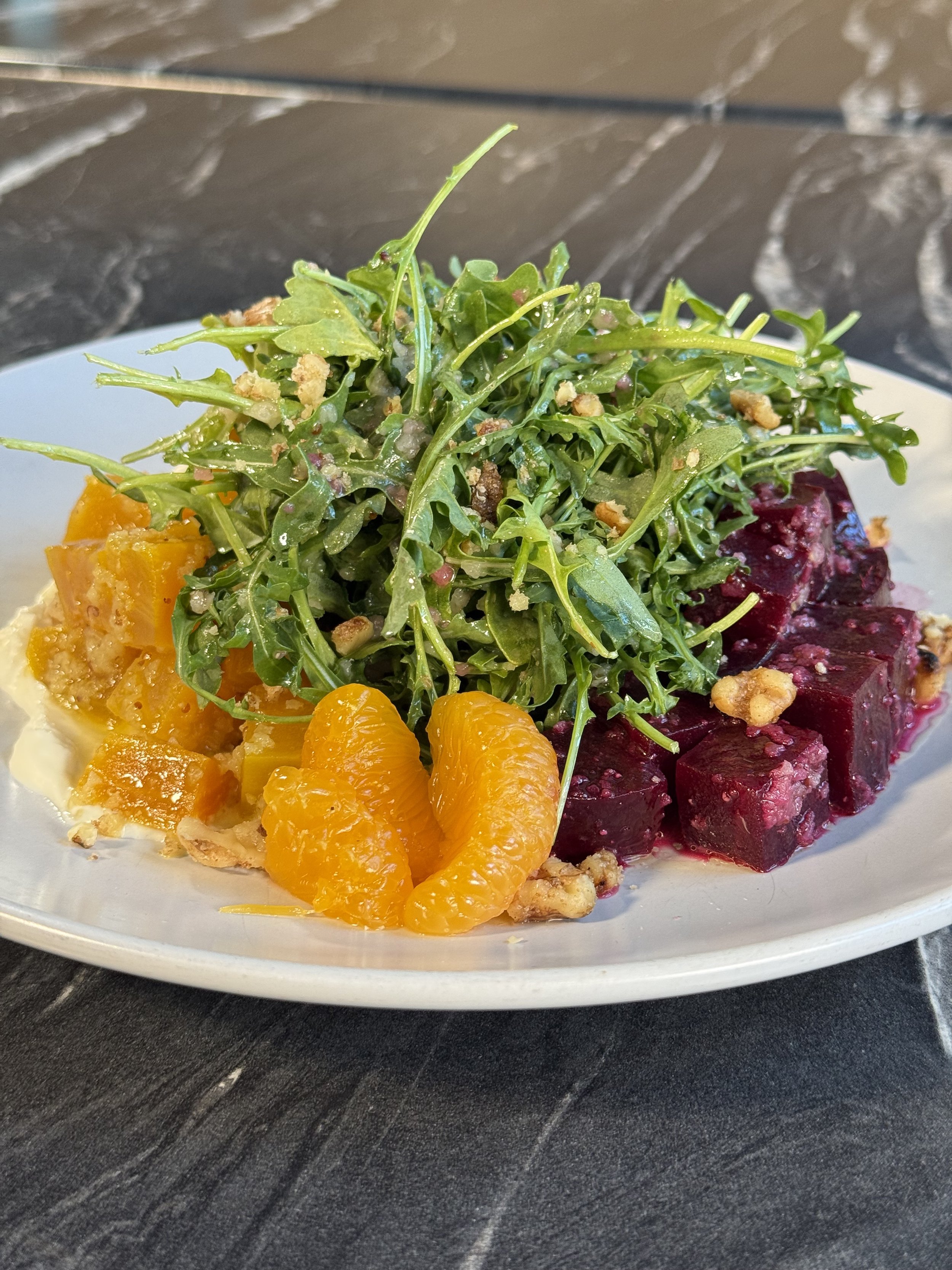 Roasted Beet Salad.
Roasted golden & red beets, mandarin segments, candied