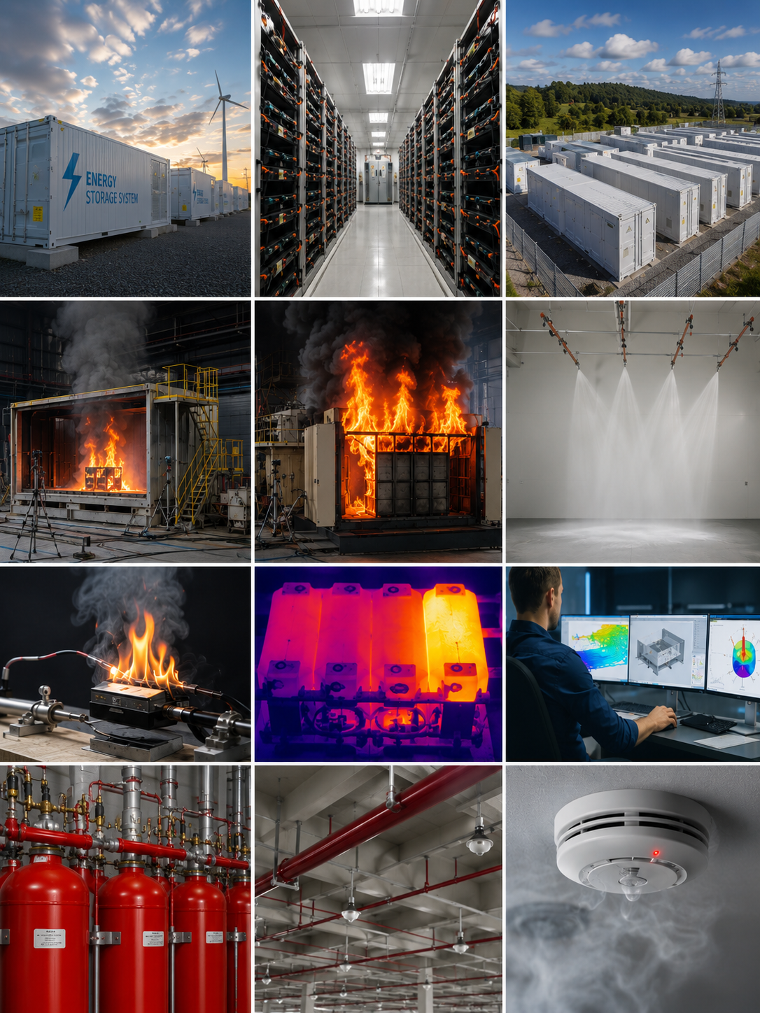 Collection of images showing renewable energy sources, data centers, fire safety equipment, and fire hazards, including solar panels, wind turbines, large batteries, server rooms, battery fires, fire sprinkler system, electrical sparks, thermal imaging of batteries, a person analyzing data on computer screens, fire suppression system, fire extinguishers, fire sprinkler piping, and a smoke detector.