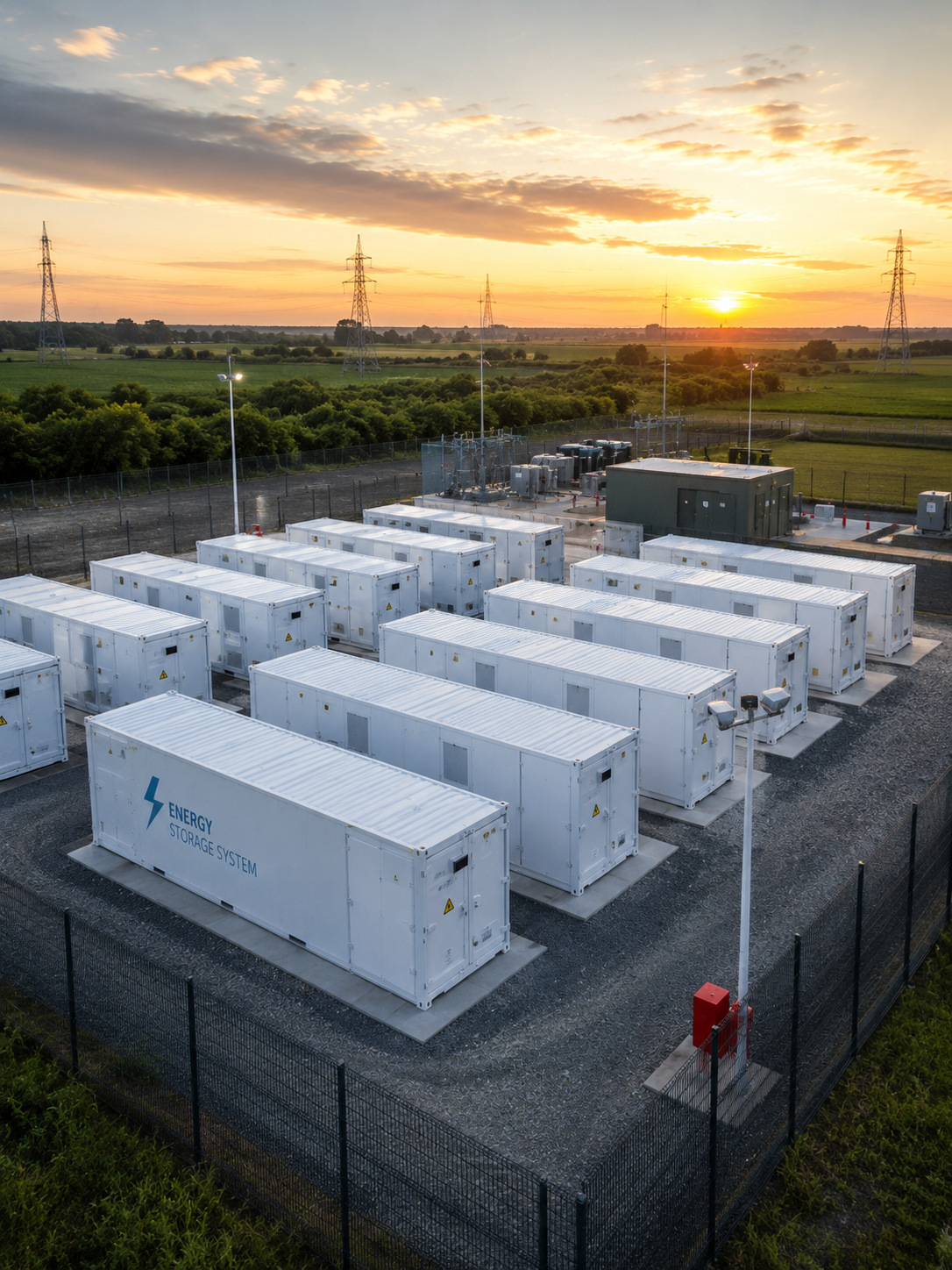 Electric energy storage system with multiple white containers labeled 'Energy Storage System' in a fenced outdoor area at sunset, with power lines and green landscape in the background.