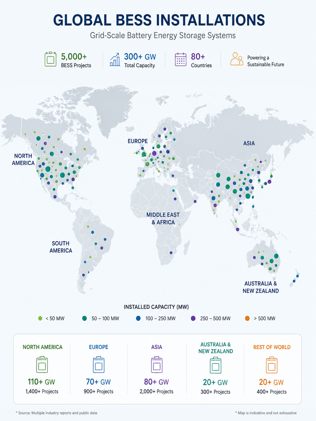 Map showing global BESS energy storage projects with circles of various sizes and colors representing installed capacity across different regions including North America, Europe, Asia, Australia & New Zealand, South America, Middle East & Africa, and rest of the world.