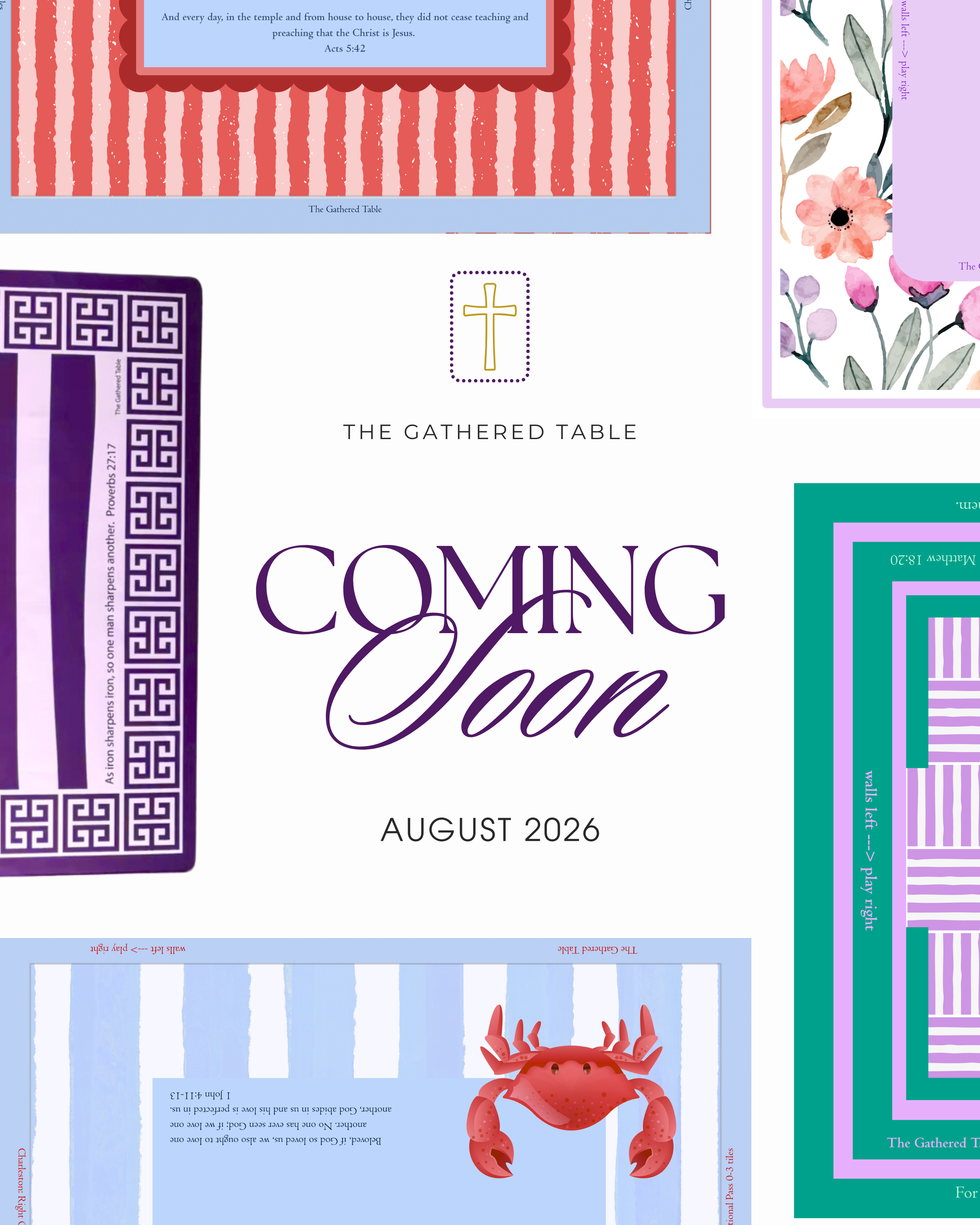 Upside-down magazine cover with the title 'The Gathered Table' and the date August 2026, featuring a yellow cross icon and partial floral and crab illustrations.