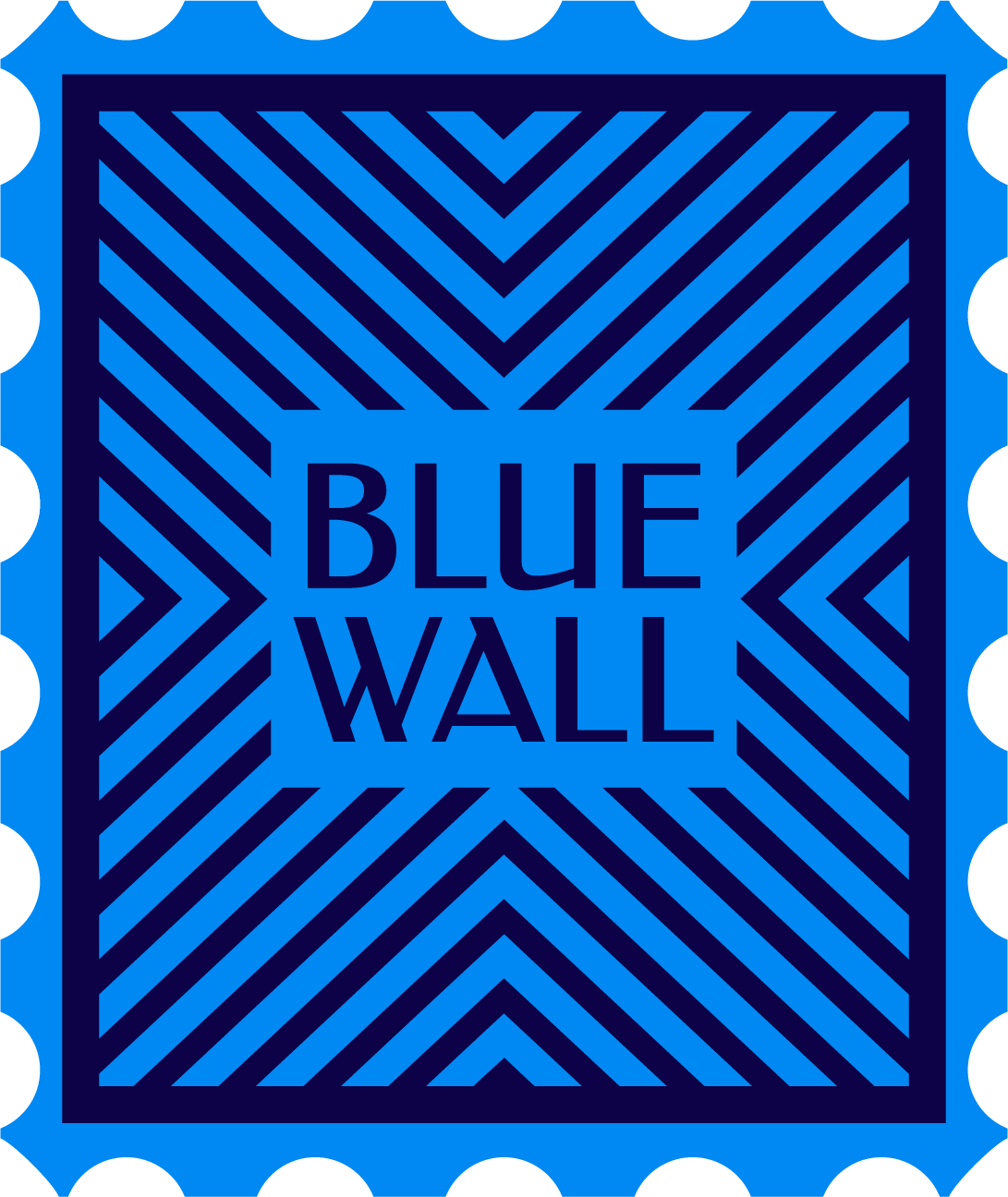 Blue Wall Mail logo containing a postage stamp motif with the words "Blue Wall" in art deco-style font