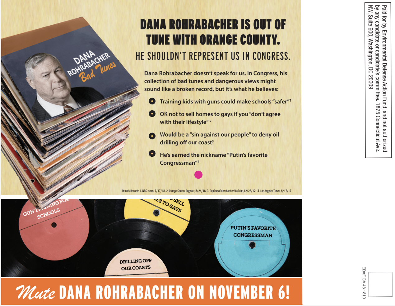 A political flyer mocking Dana Rohrabacher's positions with images of records labeled with controversial statements. The flyer features a large photo of Rohrabacher on a stack of records, and sections with vinyl record labels highlighting different i