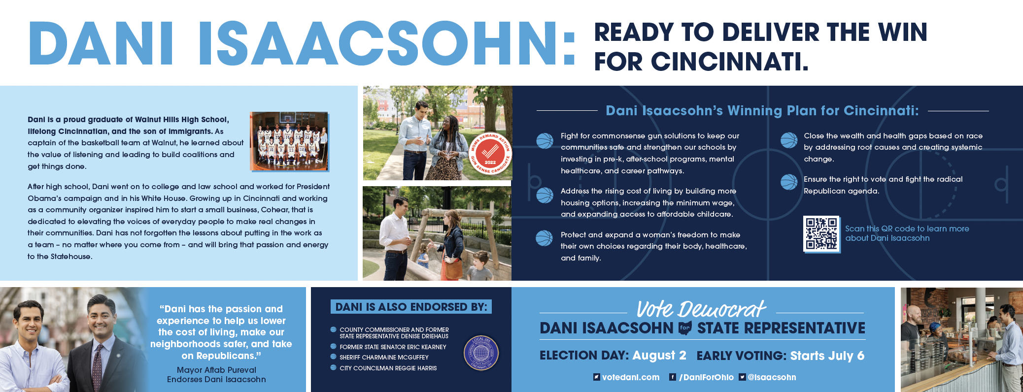 Campaign flyer detailing Dani Isaacson's background, campaign plans, endorsements, and election information, with photos of Dani and scenes from his campaign activities.