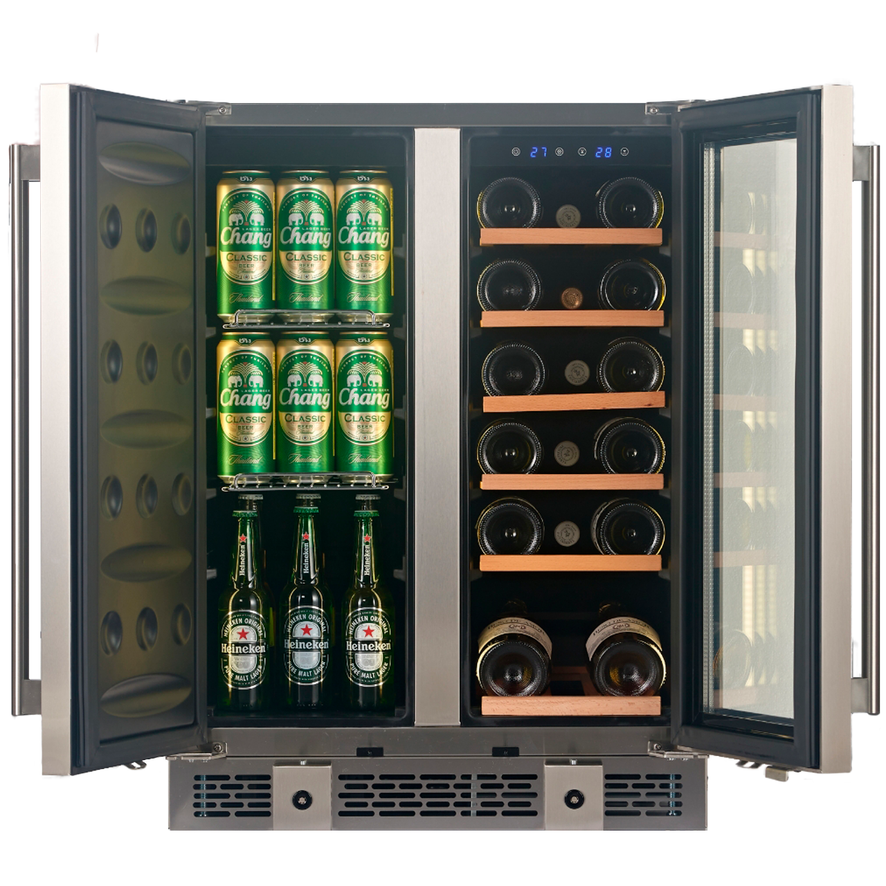 A wine and beverage cooler filled with cans of Chang beer, bottles of Heineken beer, and several bottles of wine stored on wooden shelves.