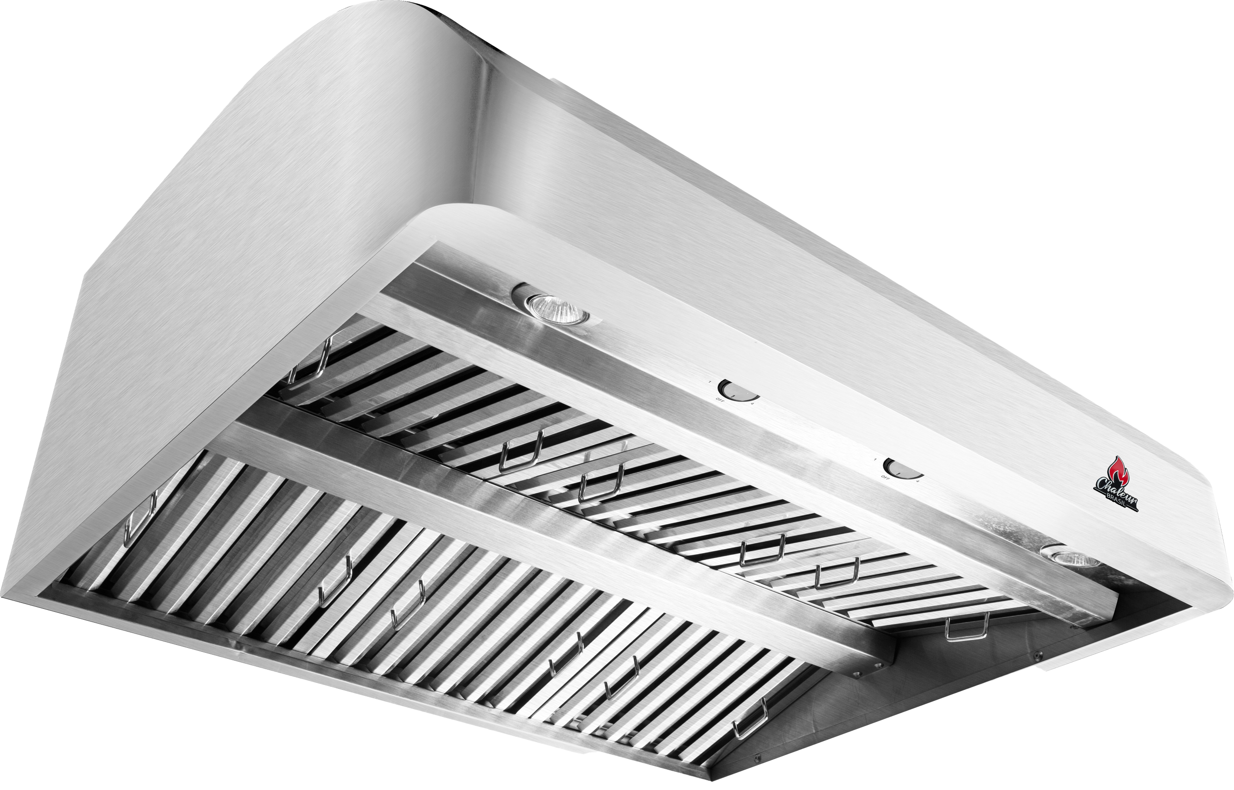 Stainless steel kitchen exhaust hood with filter grates and built-in lights.