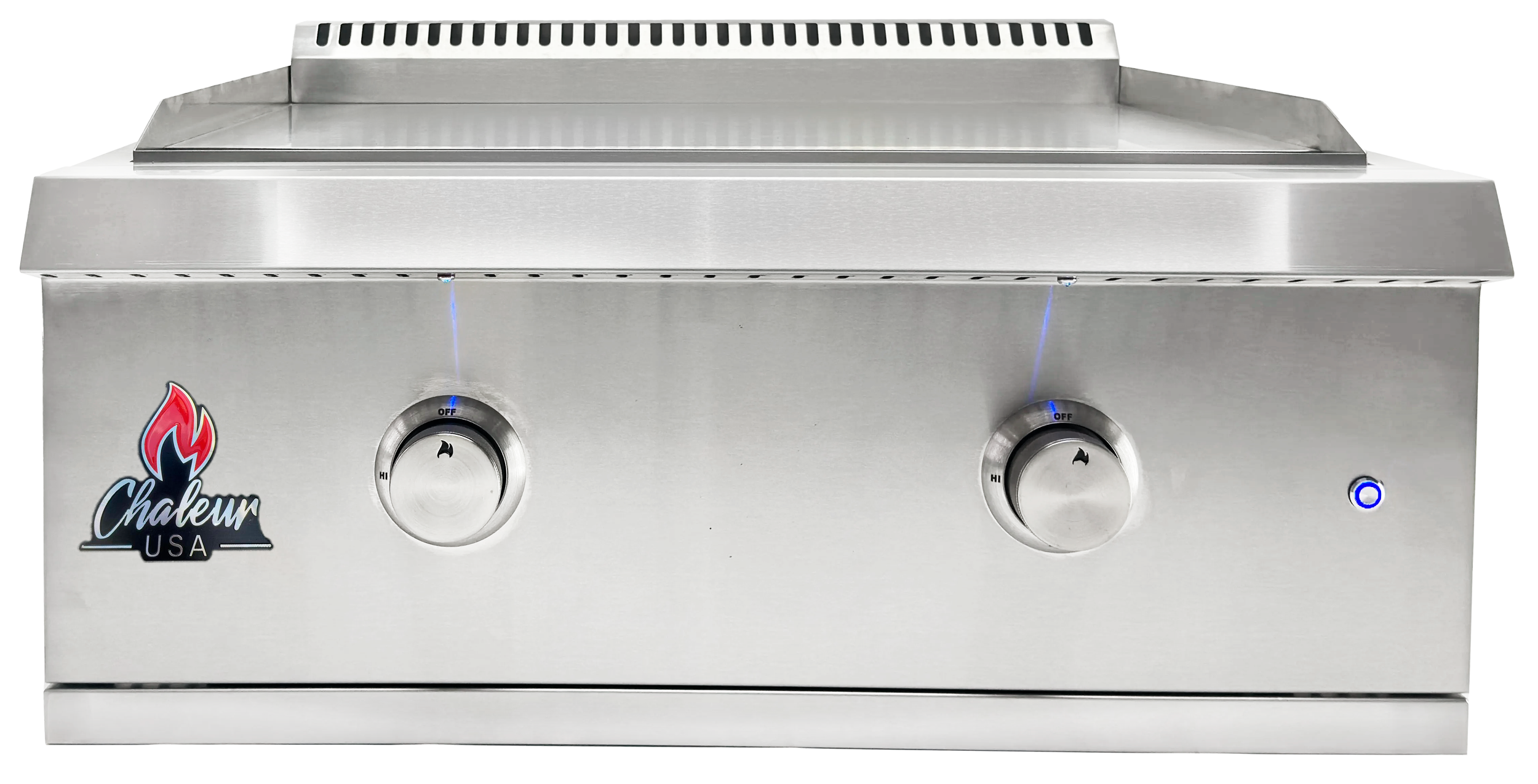 Stainless steel commercial gas griddle with two control knobs and a logo that says ChatEur USA.