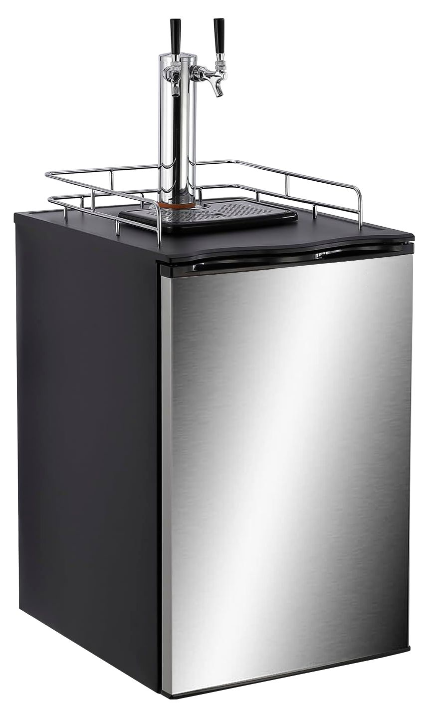 Black and stainless steel countertop beverage dispenser with two taps and a drip tray.