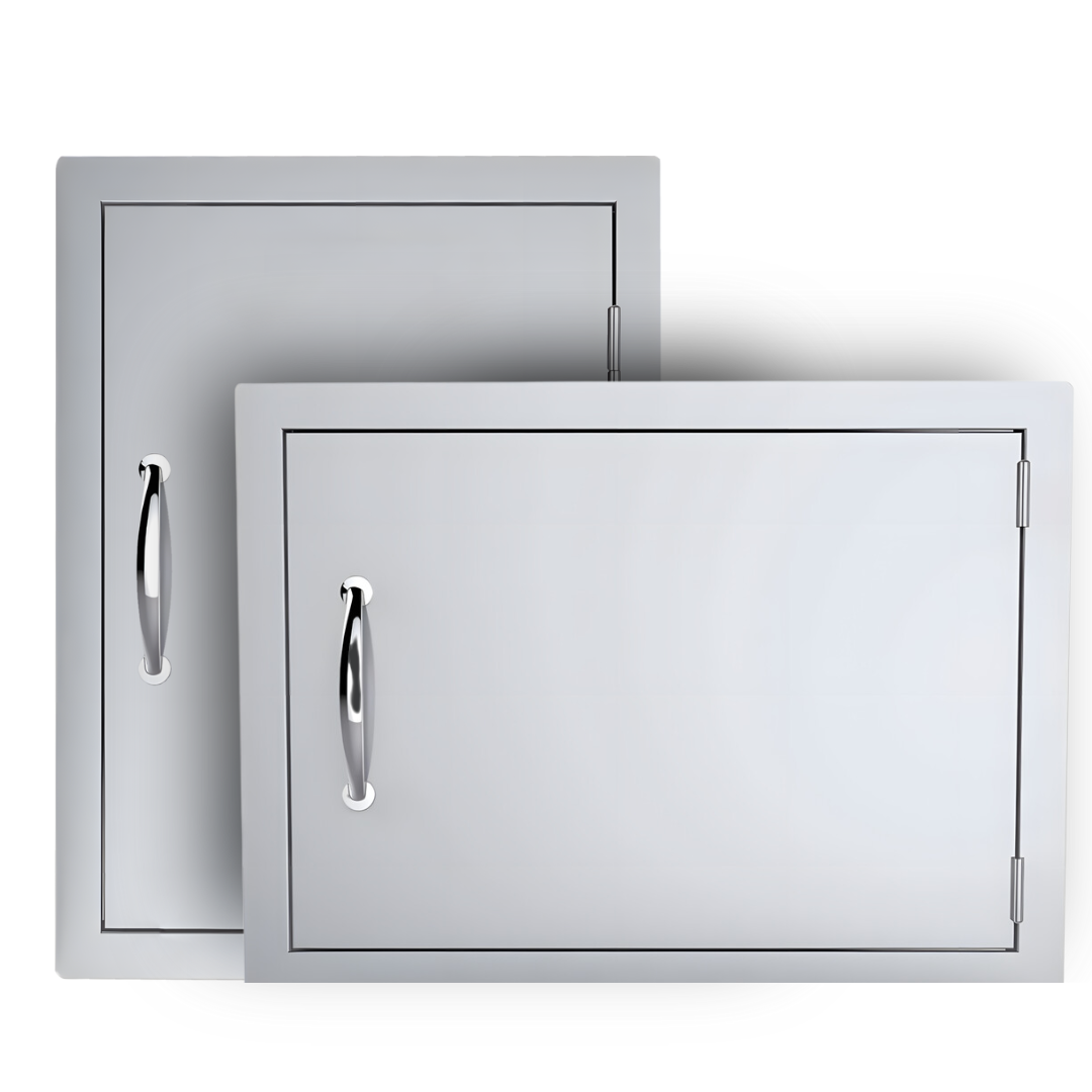 Two stainless steel utility access panels with handles, one slightly in front of the other.