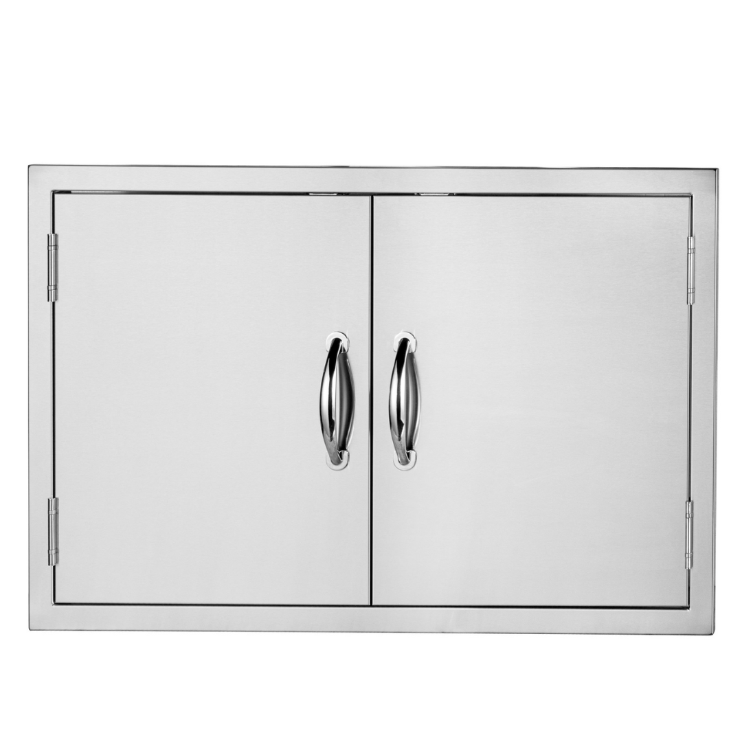 Stainless steel cabinet with two doors and metal handles.