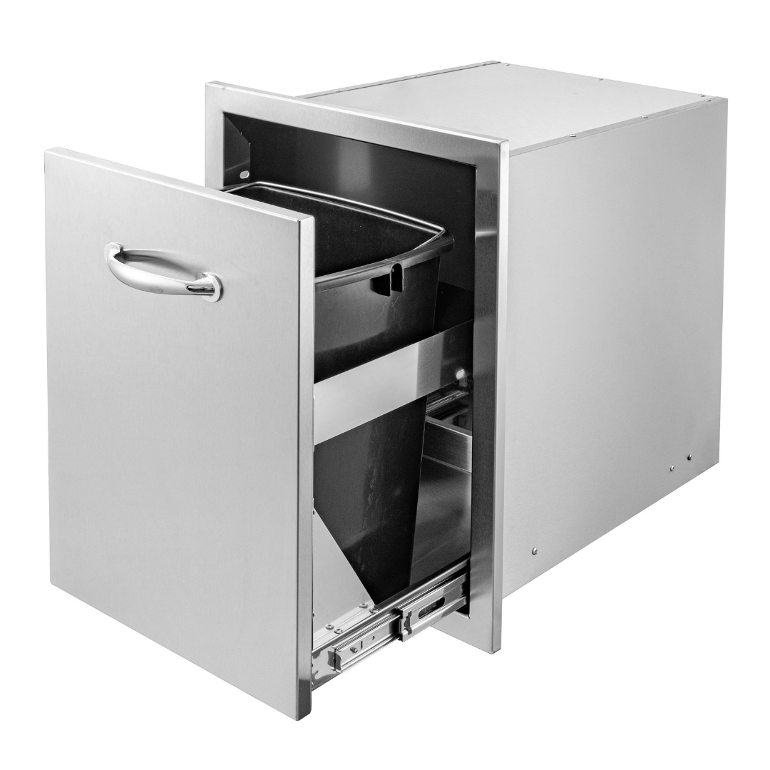 A stainless steel trash compactor with an open door revealing a black trash bin inside.