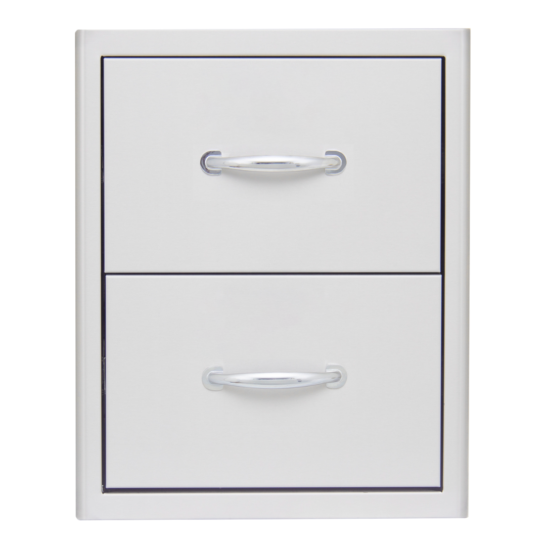 A white, two-drawer filing cabinet with silver handles.
