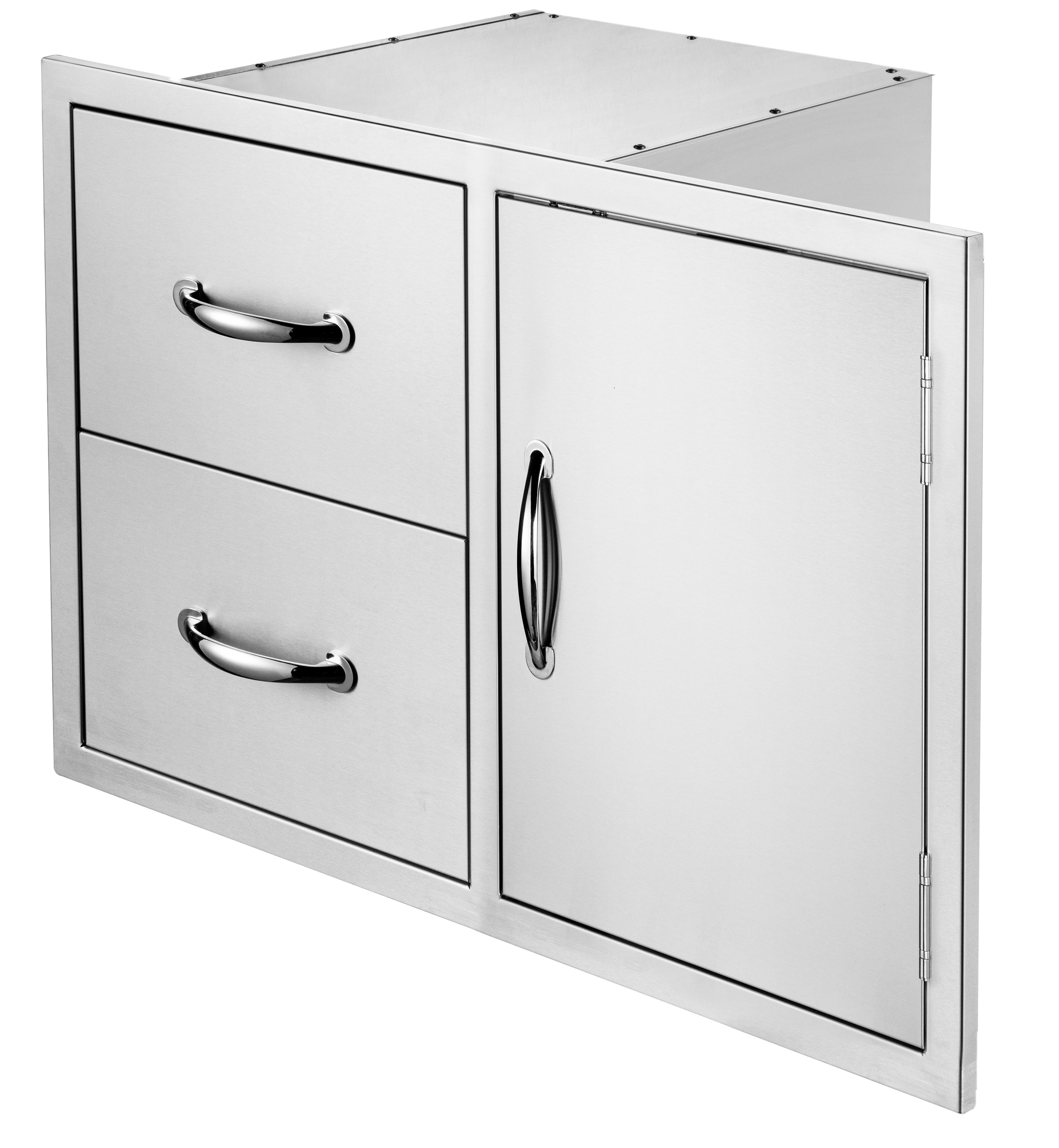 A silver metal cabinet with two drawers on the left and a door on the right, equipped with metal handles.