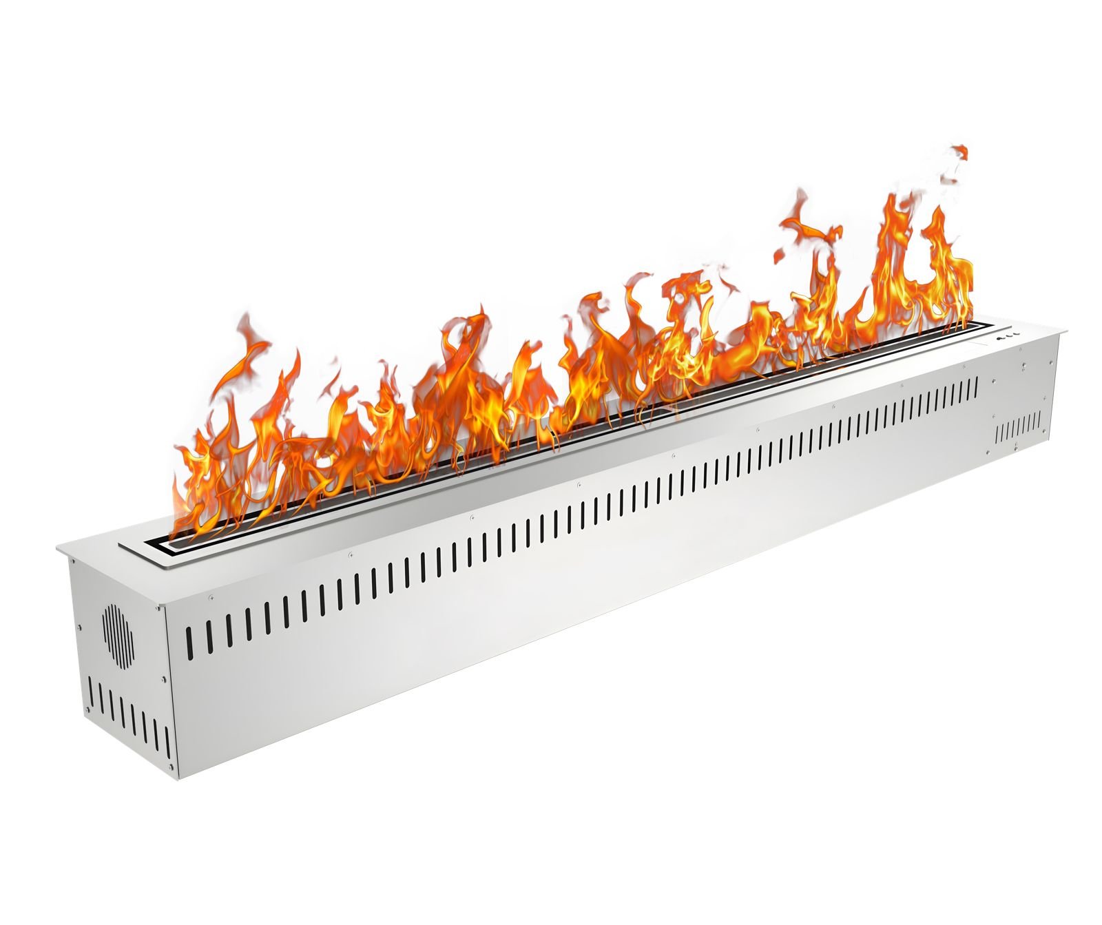 A long, rectangular, white fire pit with flames rising along its length against a white background.