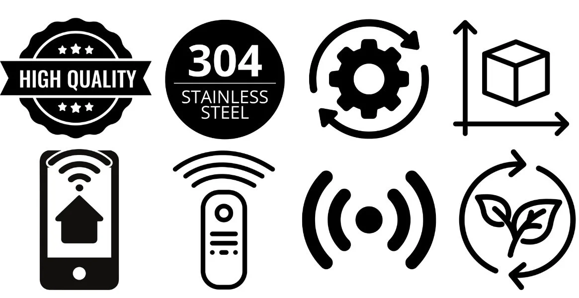 Set of nine icons related to technology, quality, and sustainability, including a high-quality badge, stainless steel material, gears, 3D cube, smartphone with a Wi-Fi signal, remote control, Wi-Fi symbol, and a recycling icon with a plant.