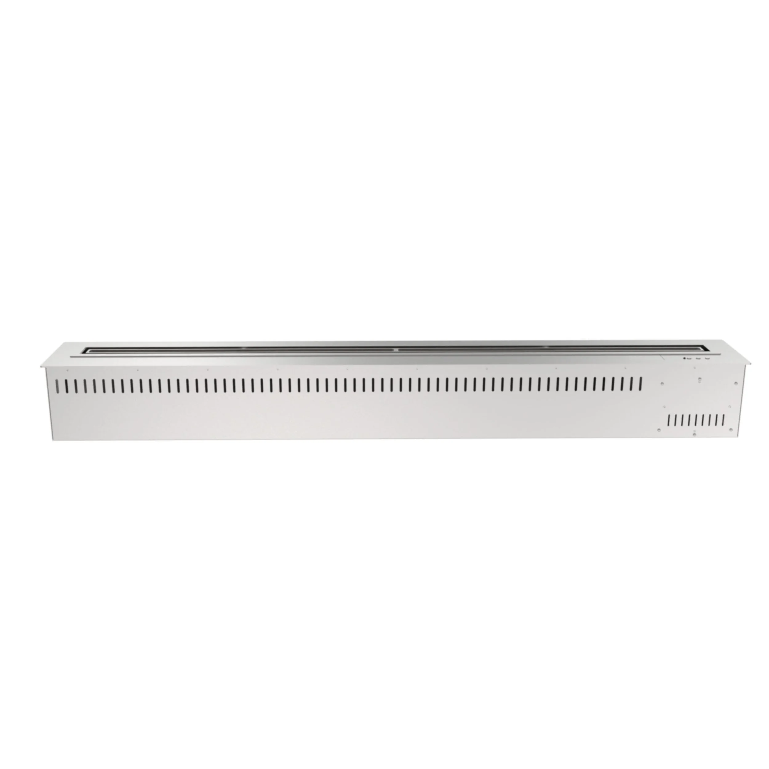 Long, white, wall-mounted electric heater with ventilation slots.