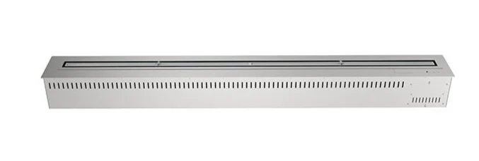 A long, rectangular, metallic air curtain or air blower device with vents along the top and small slots along the sides.