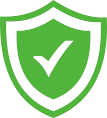 Green shield with a black outline and a black checkmark in the center.
