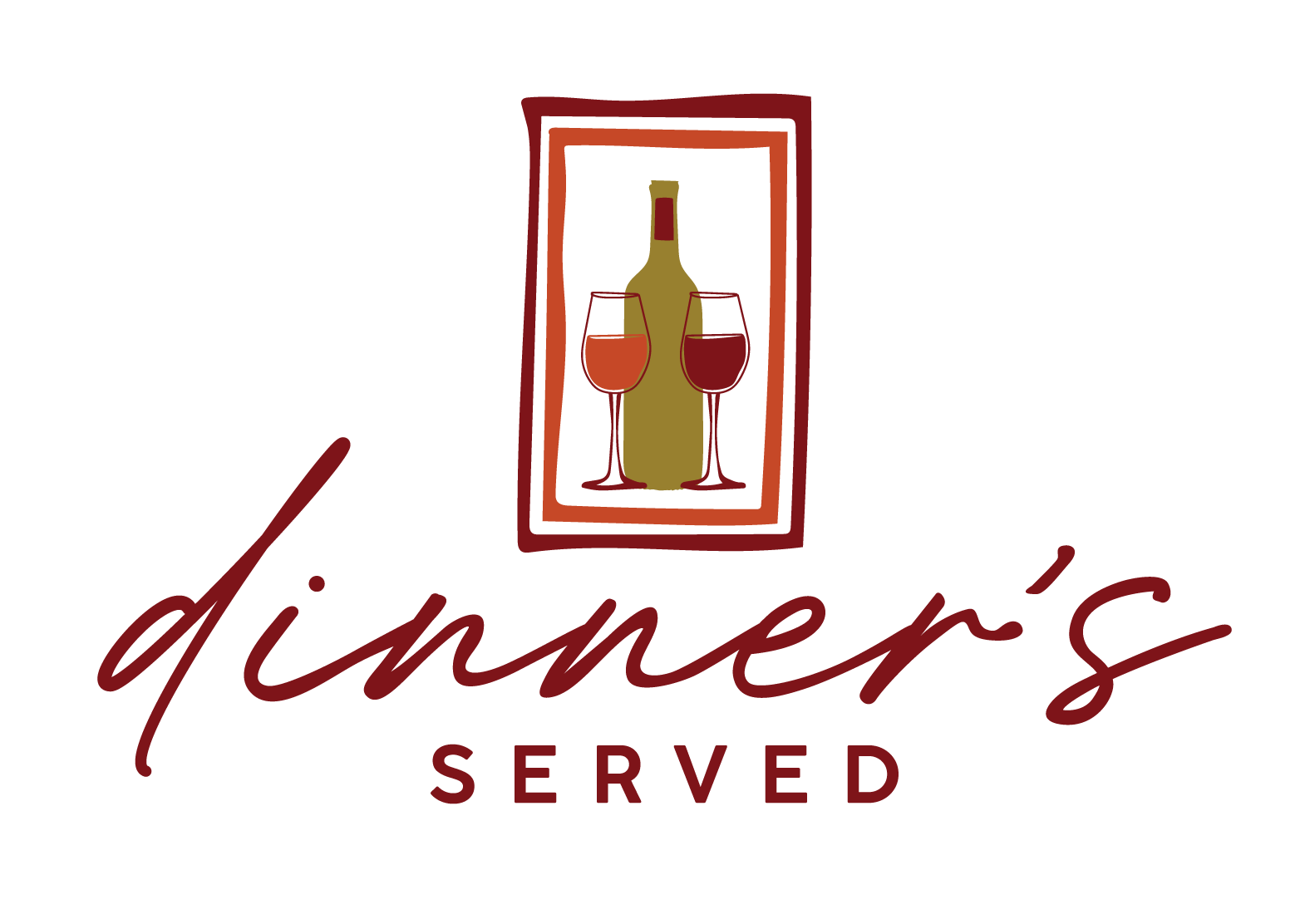 Logo for Dinner's Served featuring a stylized wine bottle and two wine glasses inside a rectangular frame, with the text 'dinner's served' below in cursive and a dark background.