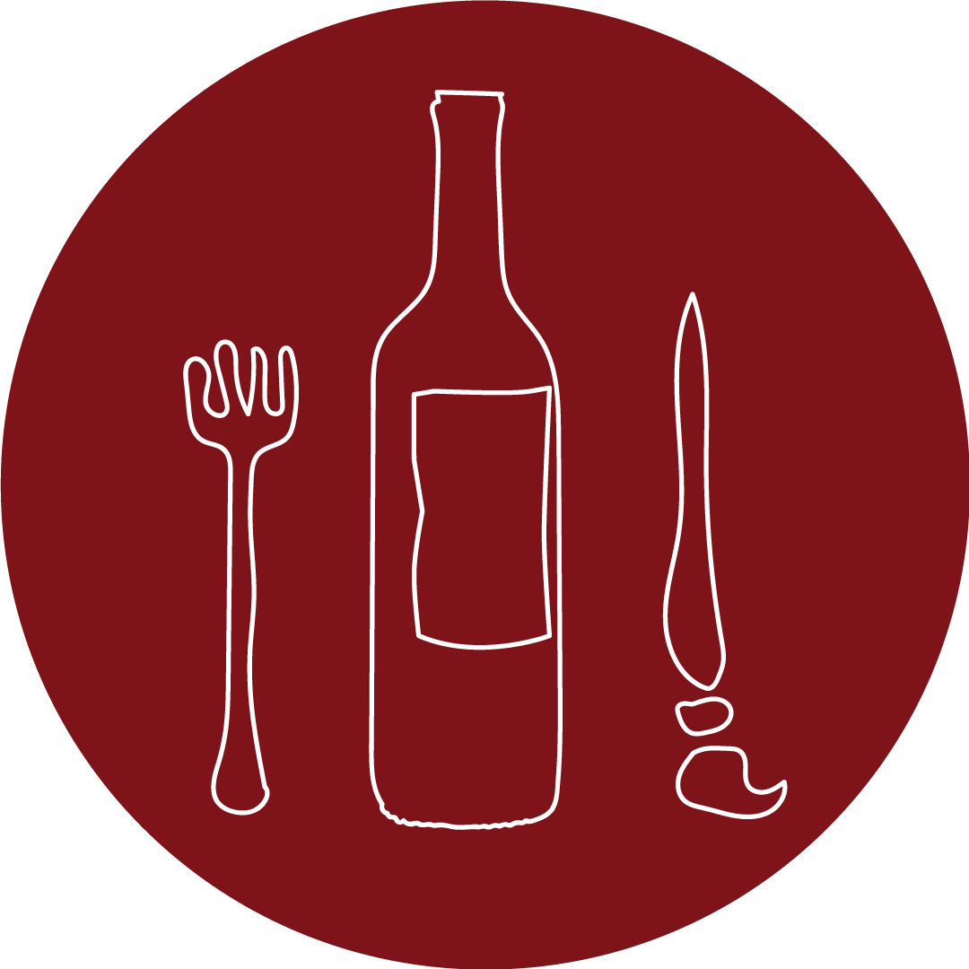 Line drawing of a wine bottle flanked by a corkscrew and a knife on a red circular background.