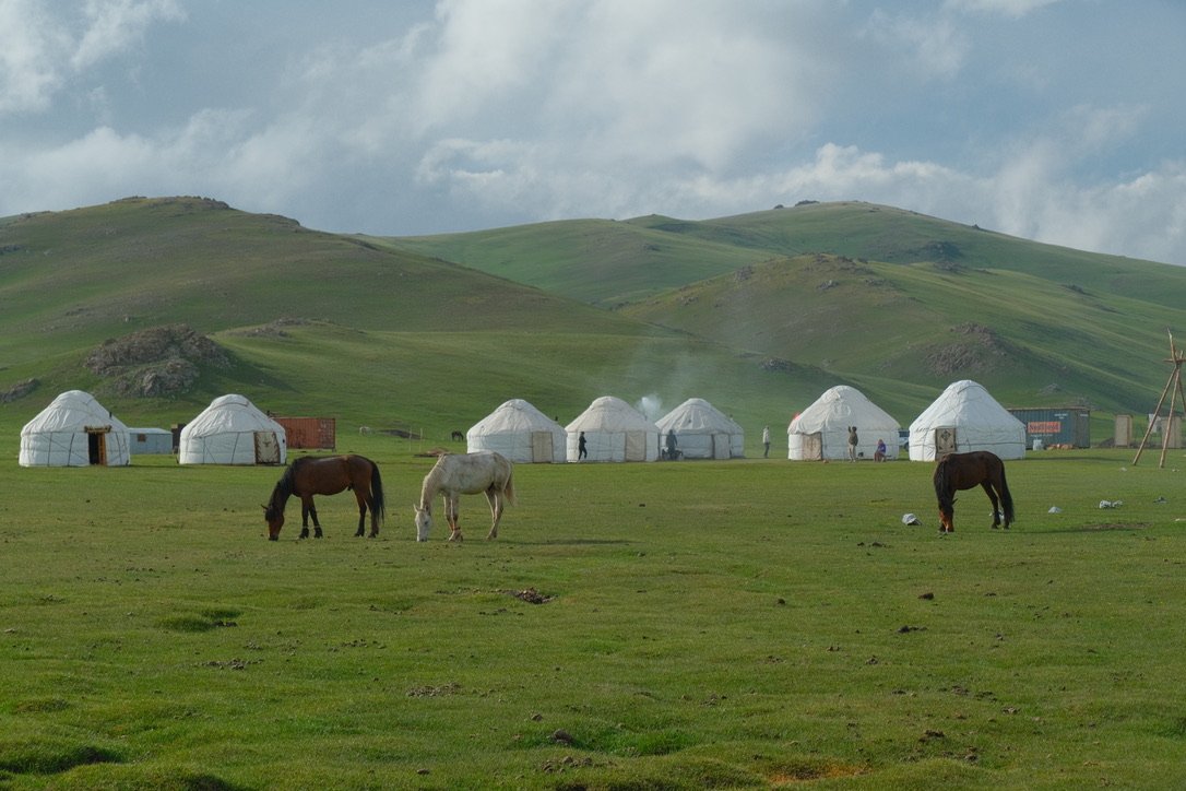 Yurt camp with horses grazing on the grasslands of Song-Kul Lake in Kyrgyzstan