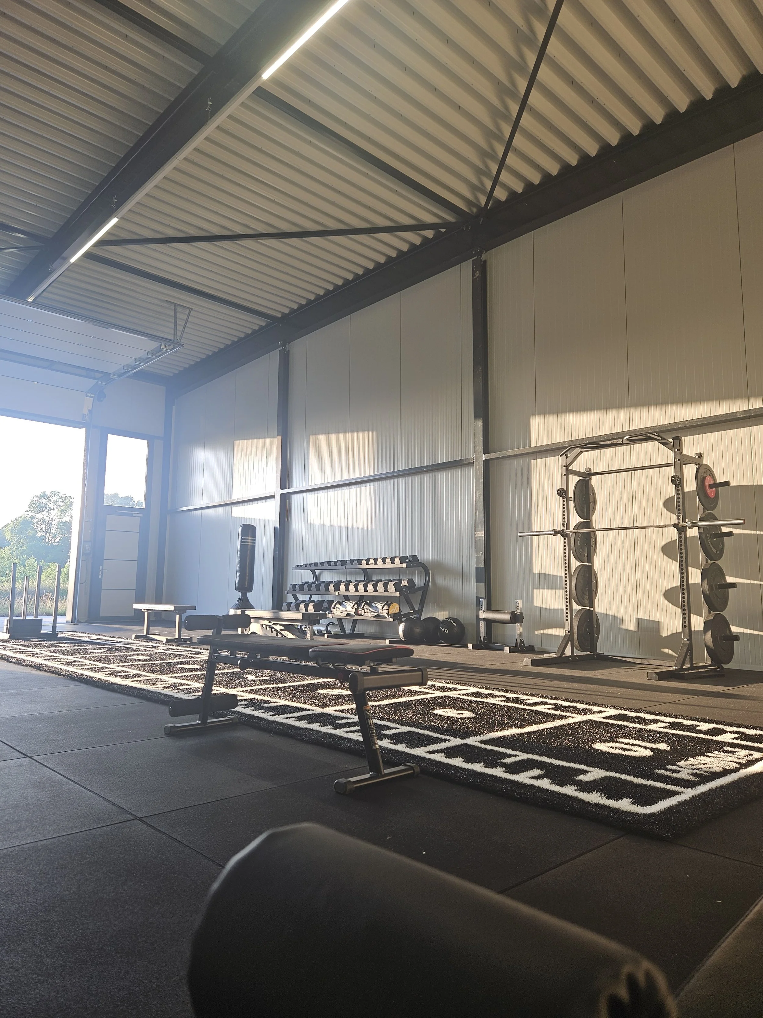 Binnenbeeld van een sportschool met fitnessapparatuur en gewichten, groene buitenlucht zichtbaar door grote ramen