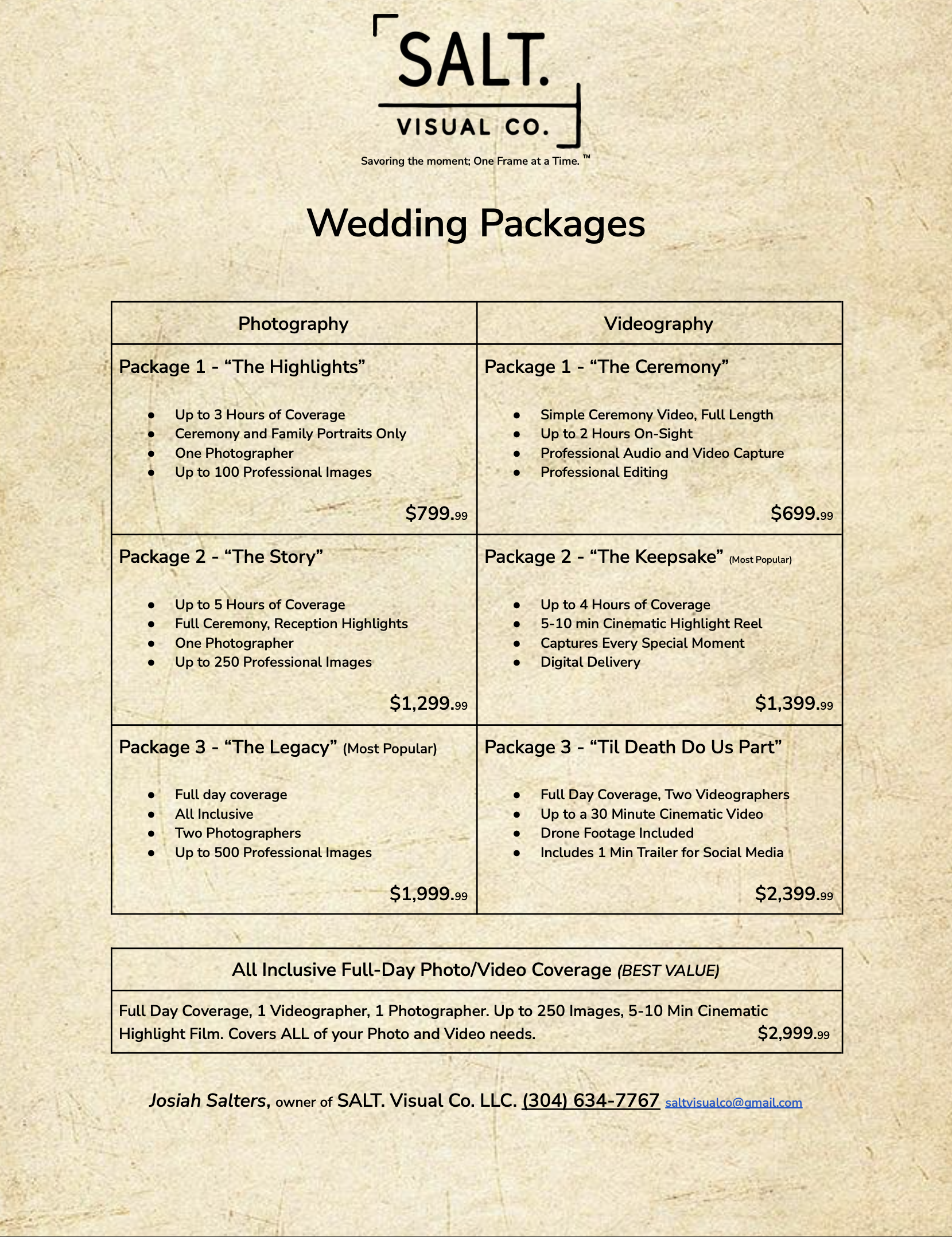 A wedding photography and videography package price list from SALT Visual Co. LLC, listing different packages with details and costs.