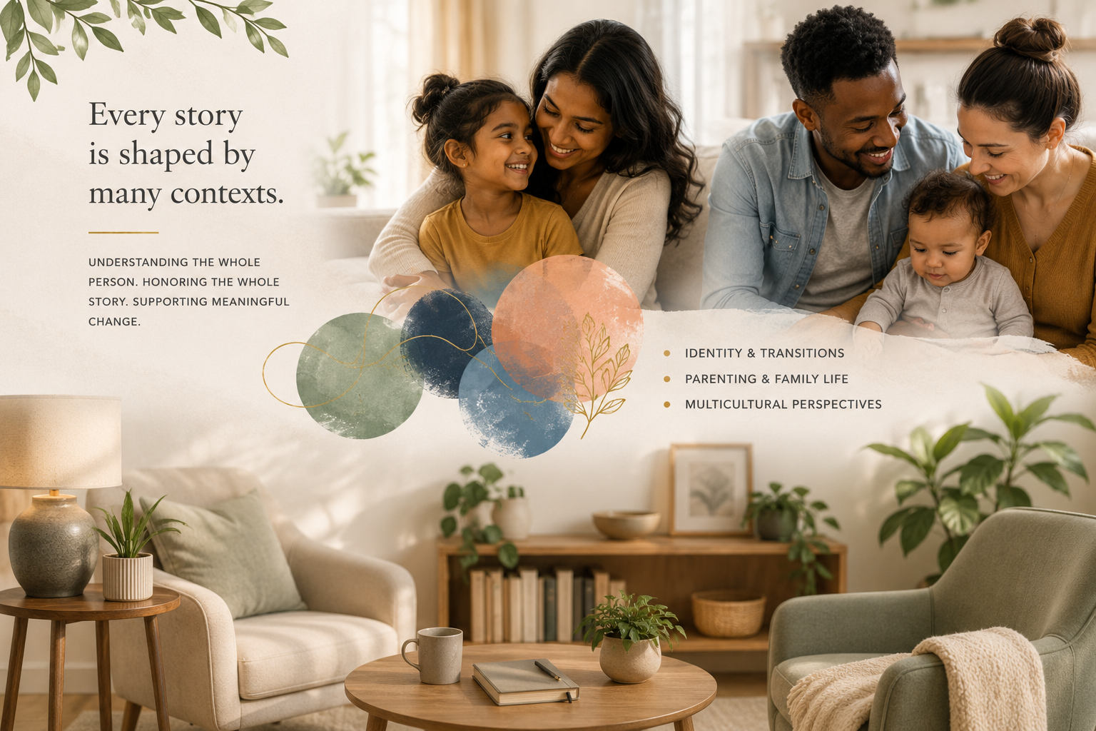 A cozy living room with a beige sofa, an armchair, a wooden coffee table with a notebook, mug, and plant, a bookshelf, and a side table with a lamp and potted plant. A family of four, including a mother, father, young daughter, and toddler son, is smiling and sitting together on a couch.