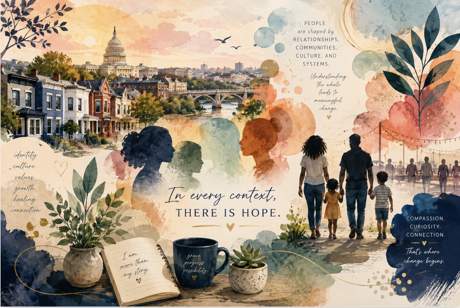 A colorful illustrated collage featuring a cityscape with the United States Capitol building, a family walking along a river with string lights, and silhouettes of diverse women. The image includes motivational quotes about hope, love, and change, with watercolor abstract elements, leaves, a notebook, and a coffee mug.
