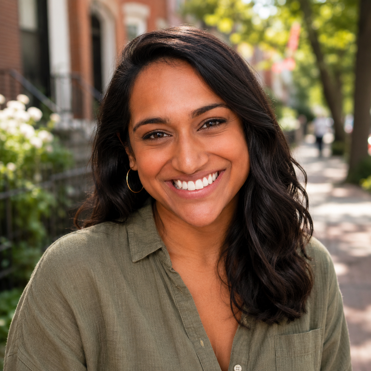 A woman with long dark hair, wearing a green shirt and gold hoop earrings, smiling outdoors on a tree-lined sidewalk.