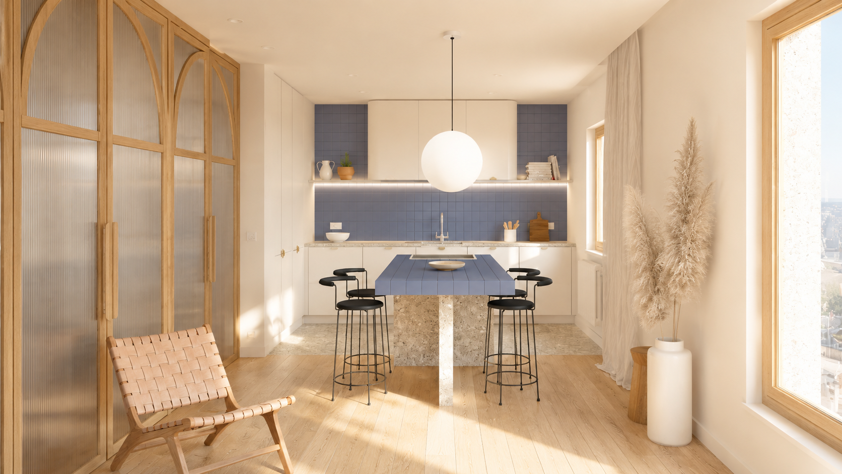 Perspective 3D d'une cuisine ouverte avec îlot central bleu et verrières en chêne.