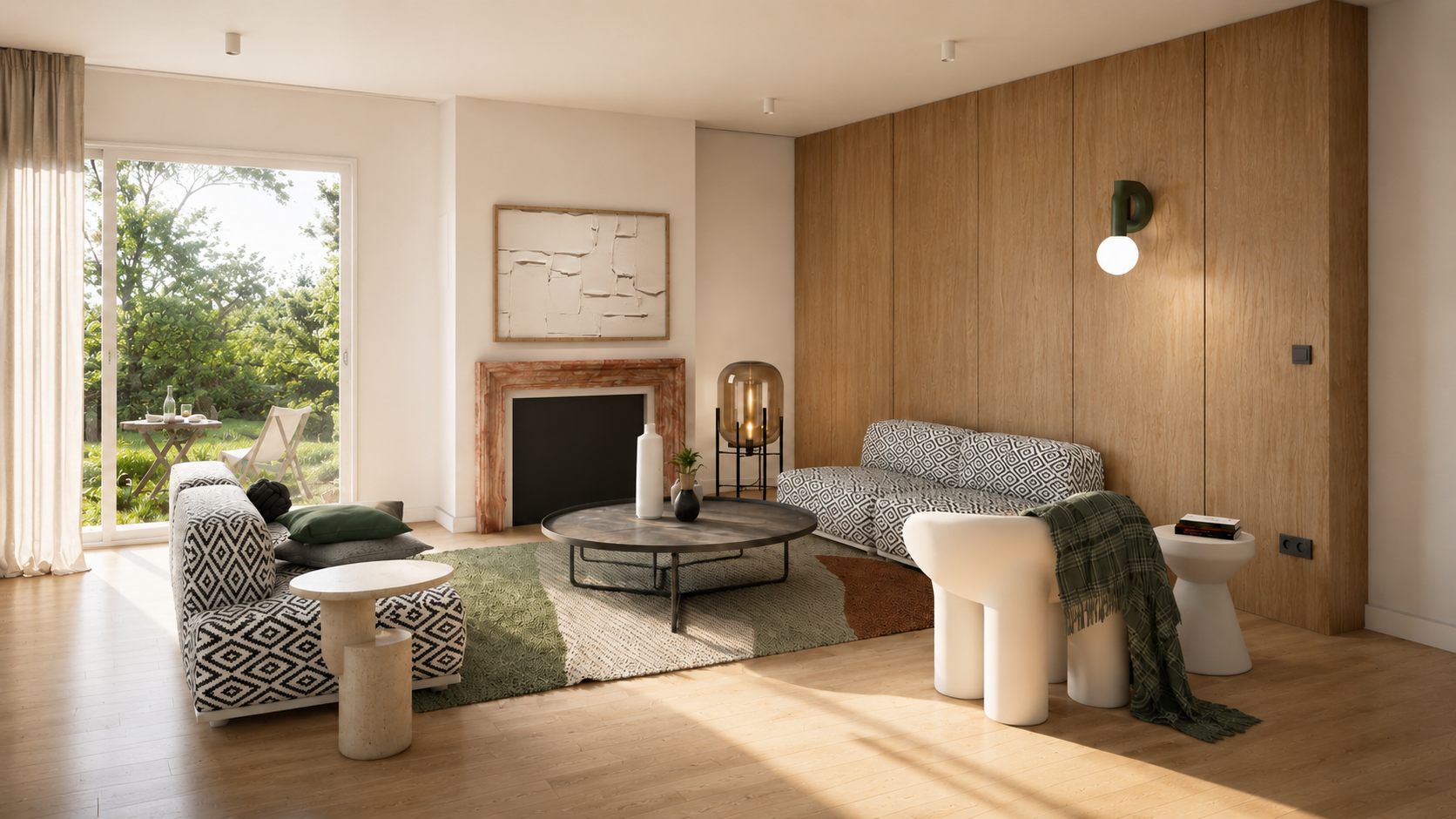 Perspective 3D d'un salon contemporain avec cheminée, mobilier sur mesure et grandes ouvertures sur le jardin.