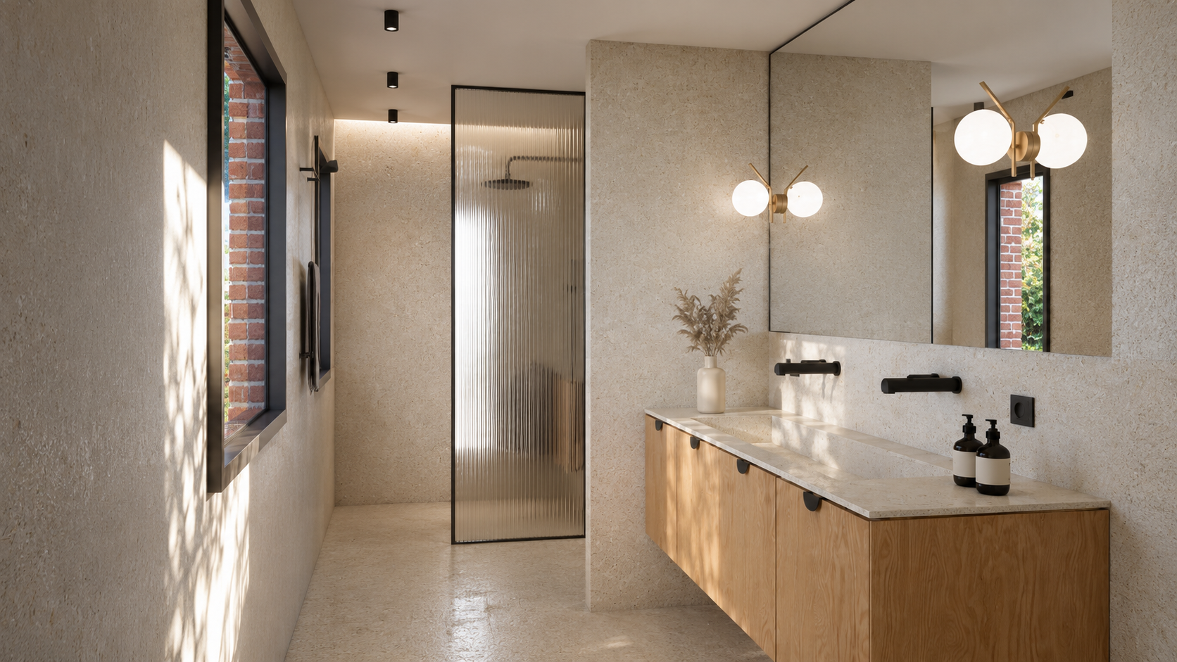 Perspective 3D d'une salle de bain contemporaine avec douche à l'italienne, double vasque et mobilier en chêne.