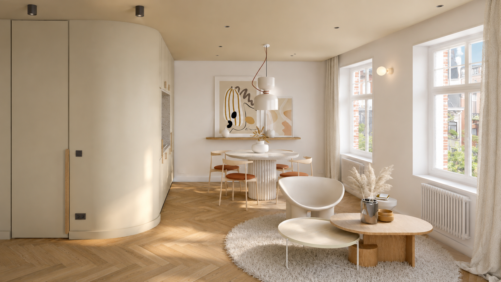 Perspective 3D d'un appartement avec mobilier sur mesure, salle à manger et espace de vie lumineux.