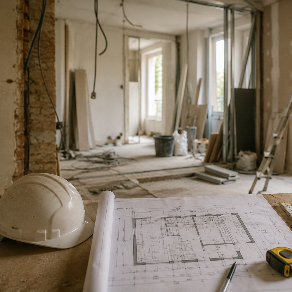 Plan d'architecte posé sur une table dans un bâtiment en rénovation, casque de sécurité, et outils de construction